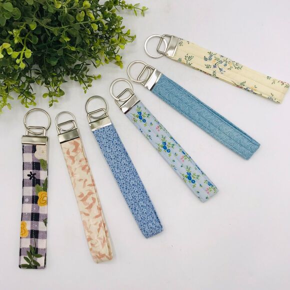 Handmade Wristlet Keychain Lt Blue Paisley Silver Hardware Stocking Stuffer 7.5" - Picture 2 of 2